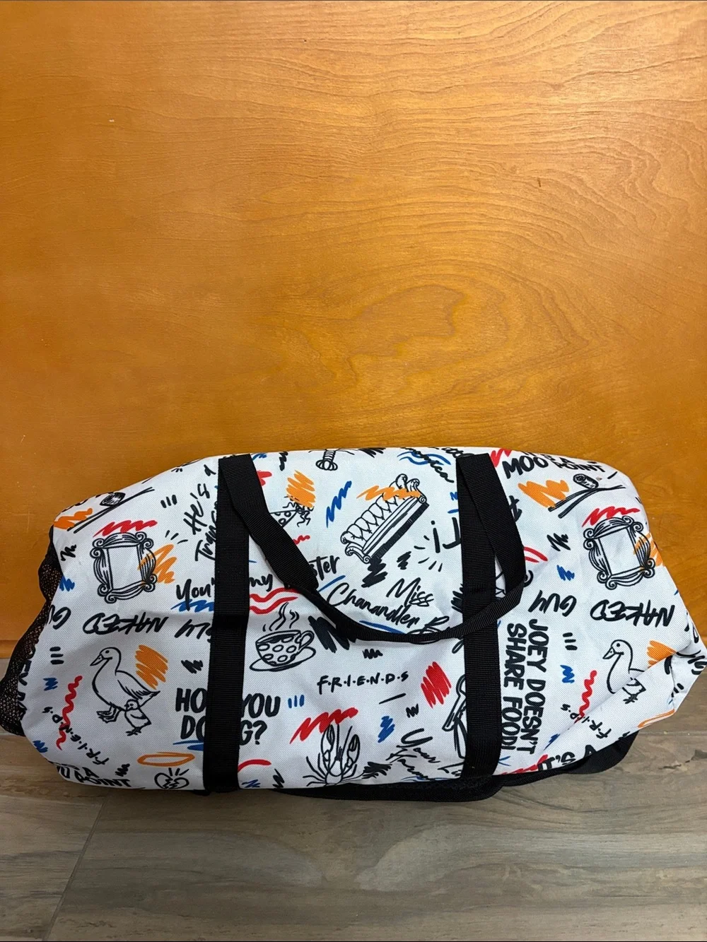 FRIENDS White Graphic Duffle with Multicolor Sketch Prints